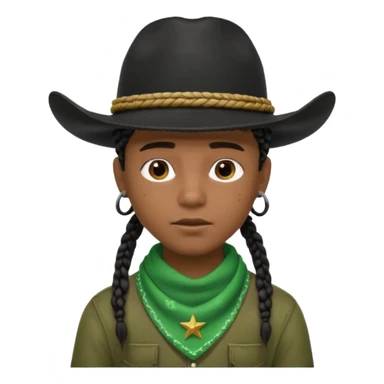 Black boy with short box beaids wearing a black cowboy hat with green bandana around his neck sticker