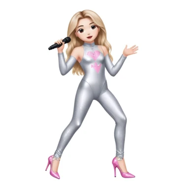 Sabrina carpenter singing at a concert wearing a silver bodysuit with kiss marks all over it  pink sparkle heels.  stage setting is very lit up with white stairs and confetti  sticker