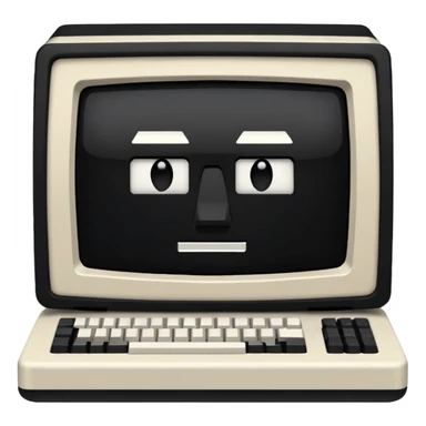White and black 80s computer with face sticker