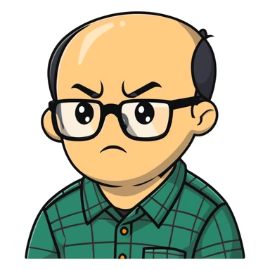A stiff, uptight person with a scowling face looking fearful, wearing glasses and checkered shirt sticker