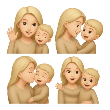 A happy mother with a child in beige clothes in different poses, emoji style sticker