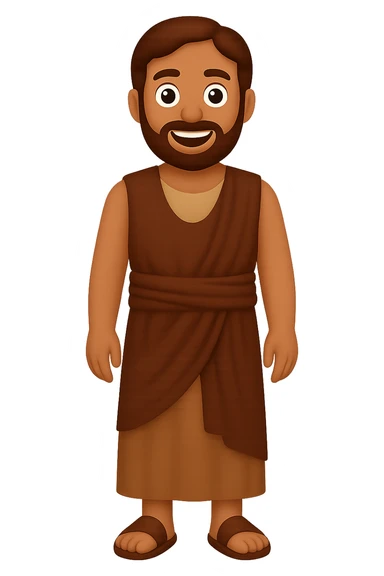 Create a centered full body image of Apostle Peter facing straight, wearing a sleeveless shirt and plain robes in classic emoji style. Use a brown clothes color palette with beige details in reverse color palette. He should have a detailed beard and be smiling with no background. The style should mimic classic emoji style with no background. sticker