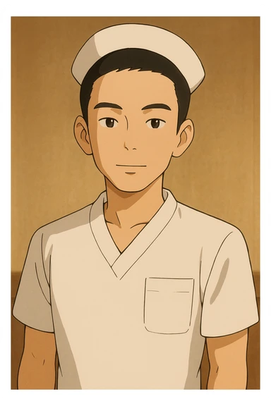 Portrait Ghibli style of a student nurse in a white short-sleeve nursing uniform with a V-neck medical tunic, left chest pocket, no collar stand, no stethoscope, warm indoor ambiance, neutral wall-style background, no clothing under the tunic. sticker
