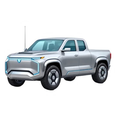 A futuristic electric pickup truck emoji, silver chrome body, angular cyber design, smooth metallic panels, subtle reflections, minimalistic proportions, iOS emoji style, centered composition, clean white background, soft lighting sticker