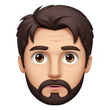 Handsome white man with big brown eyes thin pink lips long nose and dark brown messy hair cover his forhead eyes like a mad chin beard sticker