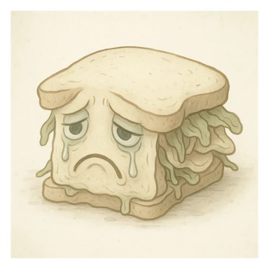 a sandwich slumped over with tears, sad face, pale colors, unappetizing appearance sticker