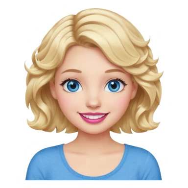 Girl Blonde short wavy hair,  blue eyes, cute blue top, long lashes, pink lips, 👄 big smile sticker