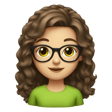 Girl, medium length brown hair,  green eyes, fun glasses sticker