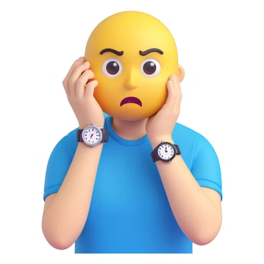 A yellow emoji face with a worried expression, looking at a wristwatch with raised eyebrows, showing urgency and stress sticker