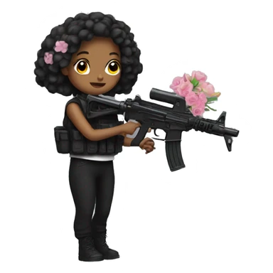 Girl in black, with a machine gun and flowers sticker