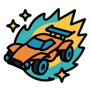 Super Sonic Legend inspired by Rocket League, futuristic car breaking sound barrier, surrounded by stars and glowing aura, bold graphic style sticker