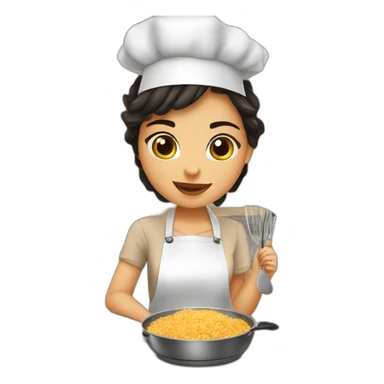 petite girl dark hair cooking risotto with norwich terrier sticker
