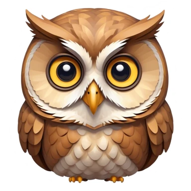 Búho Sabio y Sereno Low-poly o semi-realista con texturas suaves.Un búho de aspecto amigable, con ojos grandes y expresivos que transmiten calma y confianza. sticker
