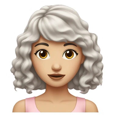 White woman with long black curly hair and bangs and dark brown eyes, wearing a pastel pink dress sticker