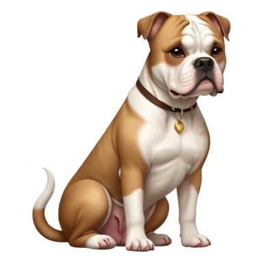 cinematic-[american bulldog]-realistic-full-body-sitting-emoji,-tail-resting-loosely-beside-its-paws,-head-tilted-dramatically,-sleek-[brown fawn]-fur,-simplified-yet-realistic-focused-features,-highly-detailed,-glowing-with-an-almost-sarcastic-glow sticker