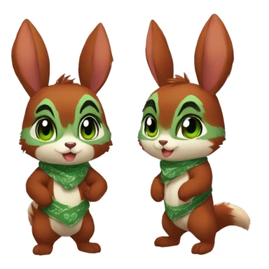 Cute, Chibi, chubby, fluffy, Kemono-style, Anthro, Fur-Sona, Dark-Red, Squirrel-Rabbit-hybrid-Fakémon, with a green bandana, full body sticker