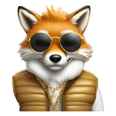 fox wearing a white puffer vest and sun glasses and a gold chain sticker
