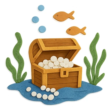 treasure chest underwater with pearls, seaweed, and fish, layered paper effect, paper-craft style sticker