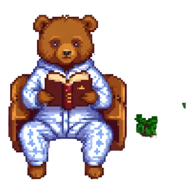 A bear in pajamas, sitting and reading a book sticker