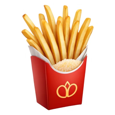 Cinematic crispy golden French fries, piled high, sprinkled with salt, served in a red carton, warm and inviting, rich golden hues, perfectly crunchy and delicious. sticker