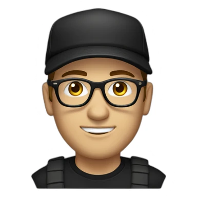 Caucasian man, with a black cap, glasses, and black t-shirt with a drum sticker