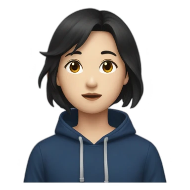 Asian boy with black hair and dark blue hoodie kissing girl with brown hair and black blouse sticker