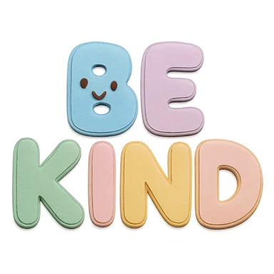Soft pastel rainbow puffy bubble letters for "Be Kind", kawaii cute style, transparent background, no frame sticker