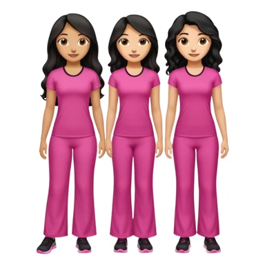 3 olive skin tone best friends. First one wearing pink gym attire modest with long black hair wavy. Second one wearing a pink fitted long maxi dress with curves long black hair and the last one wearing pink casual clothes with brown mid length hair similing looking glammed up  sticker