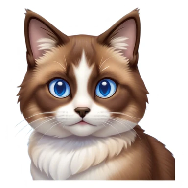 Cinematic Cute Brown Mantle Snowshoe Cat Portrait Emoji, Head tilted playfully and inquisitively, rich brown fur cascading over its back like a mantle, with soft white paws, chest, and face, striking icy-blue eyes brimming with curiosity, Simplified yet irresistibly adorable features, highly detailed, glowing with a warm, friendly glow, high shine, affectionate and lively, stylized with a touch of whimsy, bright and endearing, soft glowing outline, capturing the essence of a mischievous yet loving kitten, so playful it feels like it could pounce out of the screen and into your arms! sticker