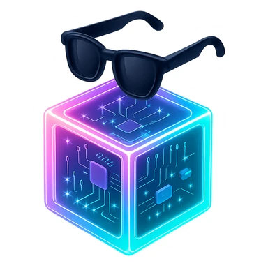 a neon box opened with a pair of black sunglasses flying above the box, vibrant, glowing, modern style sticker