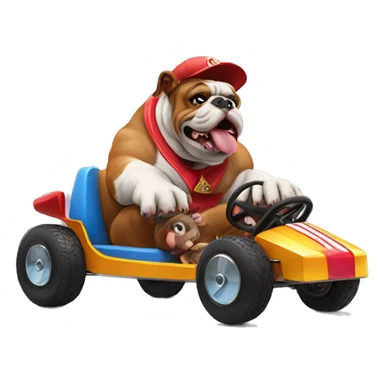 Bulldog riding in kart with donkey Kong sticker
