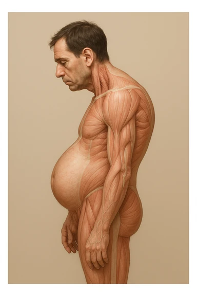 corpo UMANO ANATOMICO di profilo con spalle chiuse in avanti e pancia sporgente, postura errata, iperrealistico 4k sticker
