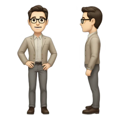 Full height Pale skinned Fit Man With dark brown hair in gray classic jacket, beige office shirt, Brown pants and vintage glasses. Thrumbs of his palms upwards sticker