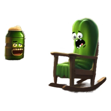 Pickle Rick pounding down a beer on his porch siting in a rocking chair at sunset while his wife is yelling at him through the door that is creeped open of his wooden cabin sticker
