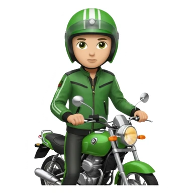 ojek online driver, using motorbike, the helmet is green. green jacket, not green motorbike (maybe a black jacket with green stripes just a little) then please make the driver not looking at "camera",  sticker