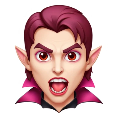 Uma vampira, com a boca aberta mostrando os caninos afiados. Olhos castanhos, cabelo com mechas vermelhas quase rosa. Rosto oval, tom de pele parda. sticker