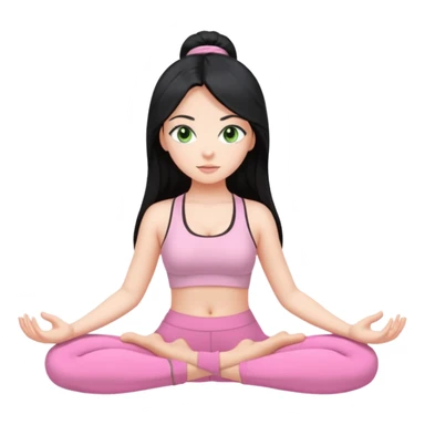 Girl with super long black hair with green eyes doing yoga with light pink clothes sticker