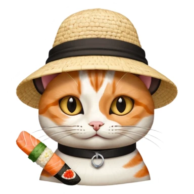 cat with its fingers crossed wearing a hat made out of sushi sticker