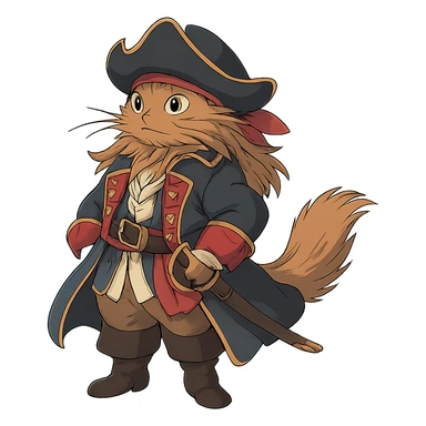 ghibli style cat dressed as pirate captain with flowing fur and detailed costume sticker