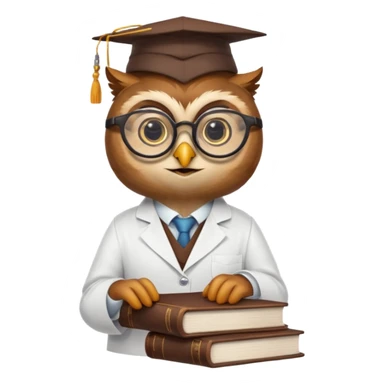 Wise owl with glasses, wearing a lab coat, perched on a stack of books. sticker