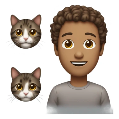 Man with brown curly hair and no facial hair holding dark brown tabby cat sticker