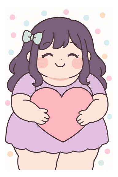 bbw anime girl with closed eyes and a joyful smile, hugging a large heart, pastel colors, kawaii anime style sticker