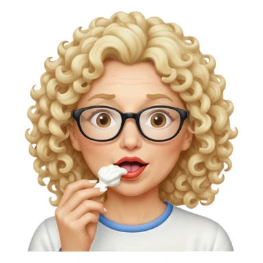 Middle aged woman with blonde curly hair with glasses licking white sour cream off her lips sticker