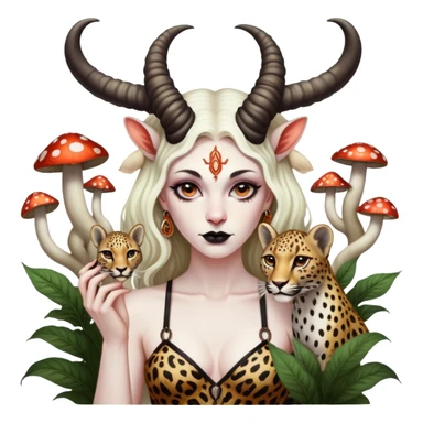 Feminine Baphomet standing among trippy mushrooms.. she’s petting a leopard  sticker