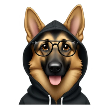 german shepherd with glasses in black hoodie behind macbook sticker