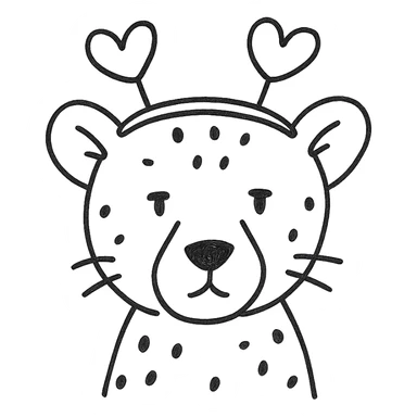 cheetah with heart headband, hand-drawn outlined icon sticker