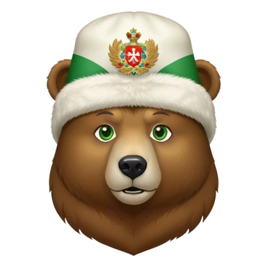 Bear head only, brown fur and green eyes, white ushanka hat with extremely accurate Russian Federation coat of arms with all correct elements and colors, iOS emoji style sticker