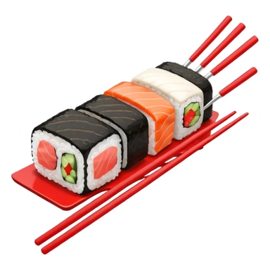 Japanese cuisine humanless avatar in minimalist emoji-style illustration. Sushi, roll and 2 chopsticks, clean lines, red white colors, flat design, calm and modern. sticker
