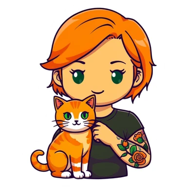 Blonde woman with tattoos and green eyes holding a orange tabby cat sticker
