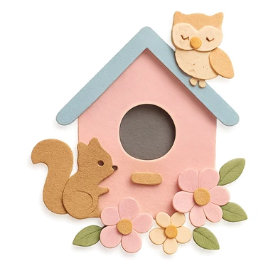 a cozy birdhouse with flowers and forest creatures, soft pastel colors, paper craft style sticker